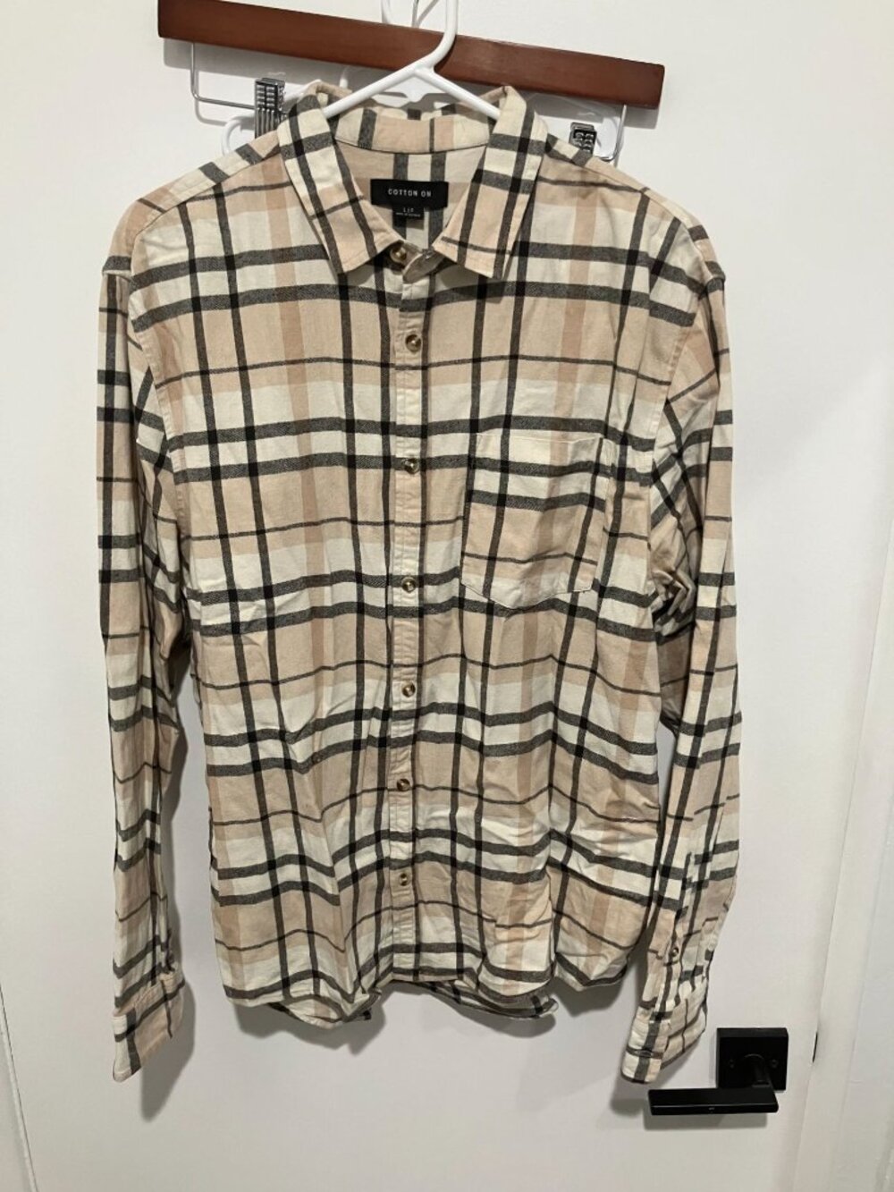 Cotton On Beige Tan Plaid Flannel Button Down Shirt Mens Large